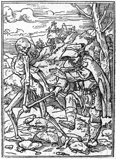 The simulacra of the death of Hans Holbein the Younger: the blind. Death grabs the stick of the blind and acts as a guide. Engraving. by Hans (after) Holbein the Younger