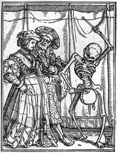 The Simulacra of Death by Hans Holbein the Younger: The Husbands. Death plays the drum in front of a couple. Engraving. by Hans (after) Holbein the Younger