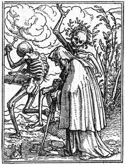The Simulacra of Death by Hans Holbein the Younger: The Old. Death accompanies an old lady to her destiny. Engraving. by Hans (after) Holbein the Younger