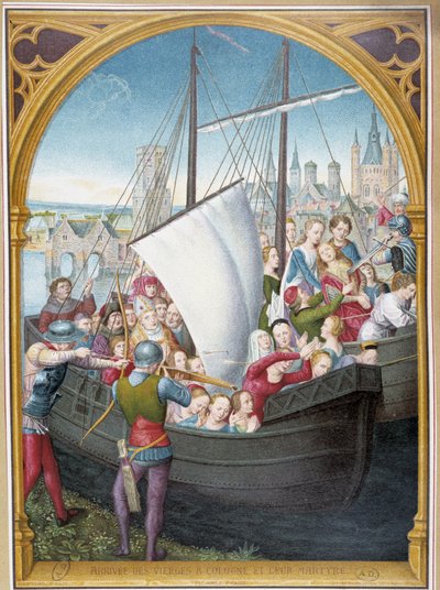 Landing of the virgins in Cologne and their martyrdom, from painting of Saint Ursula, Bruges, by Memling by Hans (after) Memling