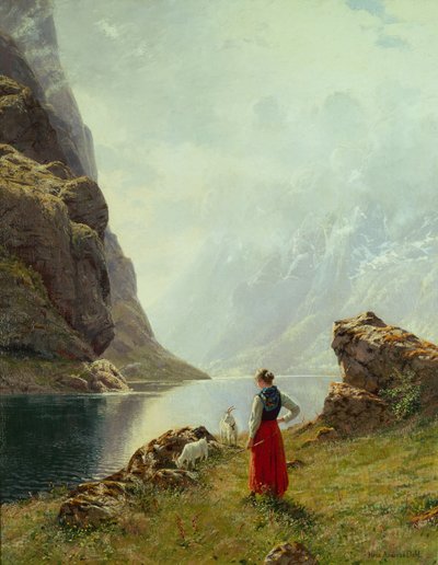 A Girl with Goats by a Fjord by Hans Andreas Dahl
