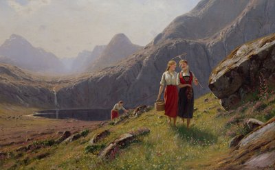Three Girls by the Mountain Lake in Western Norway by Hans Andreas Dahl