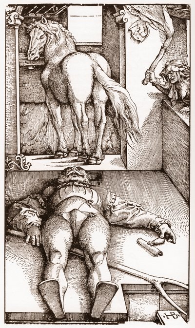 The bewitched palefrenier - (Sleeping Groom and Sorceress) wood engraving by Hans Baldung Grien circa 1544 by Hans Baldung Grien
