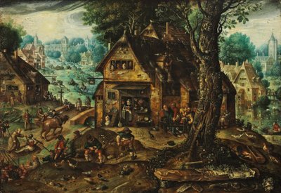 Village view with numerous people by Hans Bol
