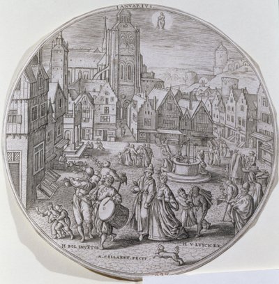 January, showing burghers celebrating Twelfth Night in the market square of Bergen, from a set of twelve 