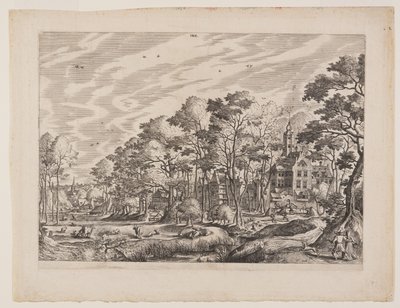 View of a Village with a Castle to the Right, plate 1 from Landscapes with Views of Villages by Hans Bol