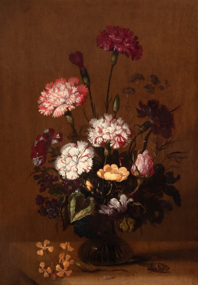 A Still Life of Carnations, Roses and Cyclamen in a Glass Vase on a Stone Ledge with a Grasshopper by Hans Bollongier