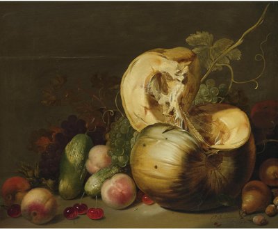 Still Life with a Pumpkin, Peaches, Grapes, Cherries and Other Fruit by Hans Bollongier