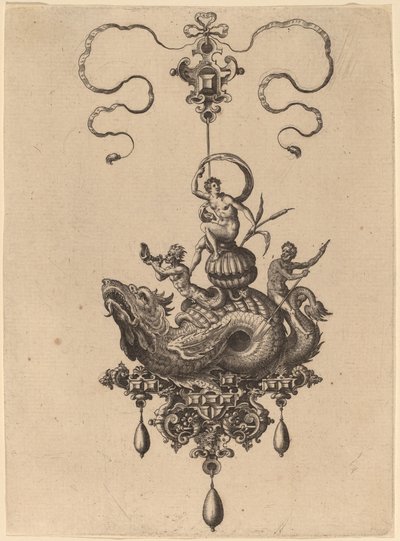 Design for a Pendant with Sea-Monster Carrying a Woman on a Shell Flanked by a Triton and a Man with an Oar by Hans Collaert the Elder