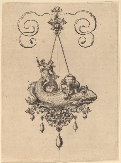 Design for a Pendant with a Fish Carrying Tobias and the Angel by Hans Collaert the Elder