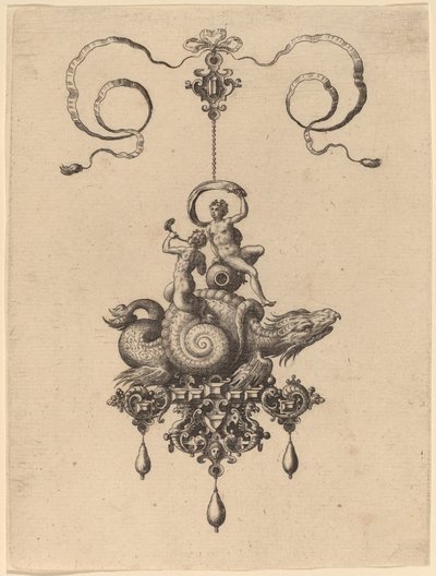 Design for a Pendant with a Sea-Monster in a Shell Carrying a Triton and a Woman with a Sail by Hans Collaert the Elder