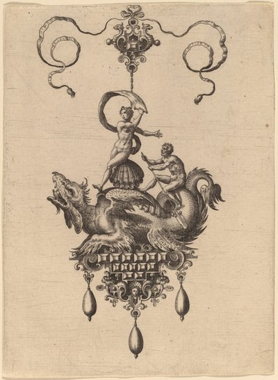 Design for a Pendant with a Winged Sea-Monster Carrying Venus Anadyomene on a Shell and a Man with an Oar by Hans Collaert the Elder