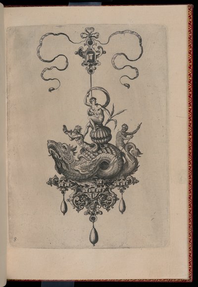 Plate 8, from Bullarum Inaurium etc. Archetypi Artificiosi Pars Altera (Pendants, Earrings, etc. Designs of the Most Skillful Nature, Part Two) by Hans Collaert the Elder