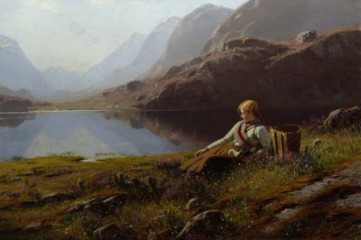 Girl Knitting by the Mountain Lake by Hans Dahl