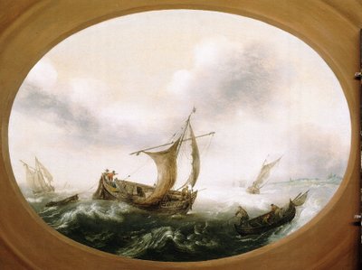 Dutch Fishing Boats Caught in a Big Breeze, a Smaller Boat, Sails Down, on the Right, with Fishermen Pulling the Nets by Hans Goderis