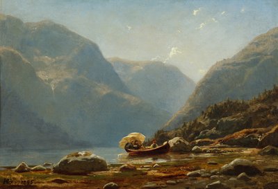 Fjord Landscape with People in Rowing Boat by Hans Gude