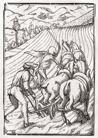 Death comes for the Farmer or Husbandman, engraved by Georg Scharffenberg, from Der Todten Tanz, published Basel, 1843 by Hans Holbein der Jüngere