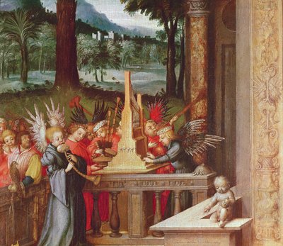 Virgin, Child and Saints (detail of angels playing the organ) by Hans Holbein the Elder