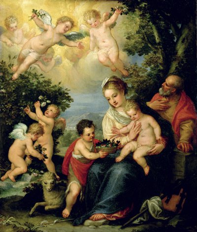 The Holy Family with St. John the Baptist and Flower Dispensing Angels by Hans I or Johann Rottenhammer