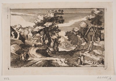 Hilly Landscape with Farmhouses. In the Foreground a Milkmaid and a Farmer with a Pitchfork by Hans Jørgen Kirksteen