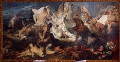 Battle of Centaurs and Lapiths. In Greek mythology, the Lapiths massacred the centaurs. by Hans Makart