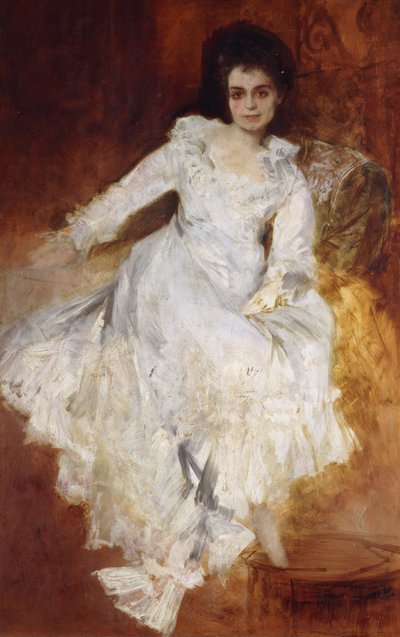 Portrait of a Lady Wearing a White Dress Reclining on a Sofa by Hans Makart
