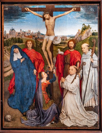 Crucified Christ with the Virgin, St. John the Baptist and the Evangelist, Mary Magdalena and Two Cistercian Abbots by Hans Memling
