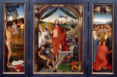 Triptych of the Resurrection. Left: Martyrdom of San Sebastian. Right: The Ascension of Christ. In the Center: The Resurrection by Hans Memling