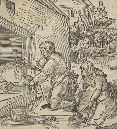 A Farmer Slaughtering a Hog, from Hymmelwagen auff dem, wer wol lebt by Hans Schäufelein the Elder