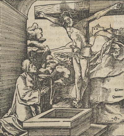 A Man Praying before a Crucifix, from Hymmelwagen auff dem, wer wol lebt..., 1517 by Hans Schäufelein the Elder