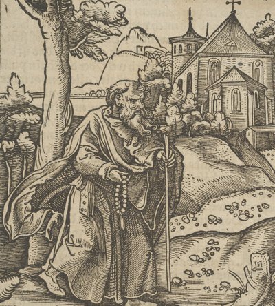 An Old Pilgrim Walking to the Right, from Hymmelwagen auff dem, wer wol lebt... by Hans Schäufelein the Elder