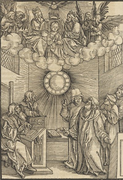 The Author Writing the Layenspiegel, The Trinity and the Virgin at the Upper Center by Hans Schäufelein the Elder