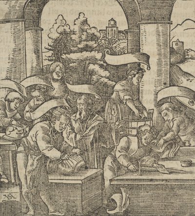 The Making of Armours, from Hymmelwagen auff dem, wer wol lebt by Hans Schäufelein the Elder