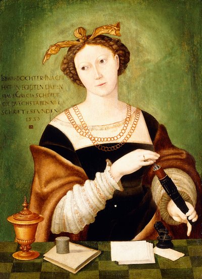Portrait of a Lady, half-length, holding a case of quills before a ledge by Hans Schöpfer