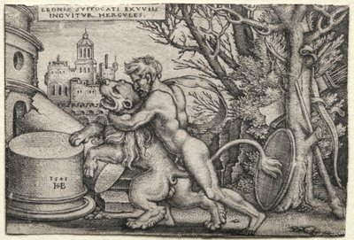 The Labors of Hercules: Hercules Strangling the Nemean Lion by Hans Sebald Beham