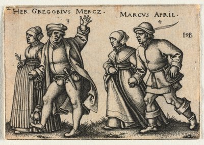The Peasant Wedding or the Twelve Months: 3-Her Gregorius Mercz 4-Marcus April by Hans Sebald Beham