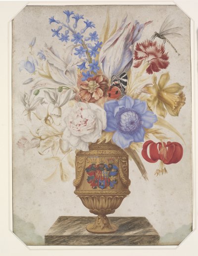 Flowers in a Gilded Vase with the Holstein-Gottorp Coat of Arms by Hans Simon Holtzbecker