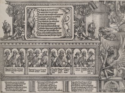 The Upper Section of the Left Portal, with the Inscription on a Lion Skin, a Frieze with B... by Hans Springinklee