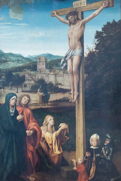 Christ crucified with Mary, St John, St Mary Magdalen and patrons by Hans Suess Kulmbach