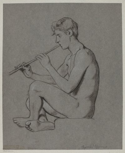 Nude Youth Playing the Flute by Hans Thoma