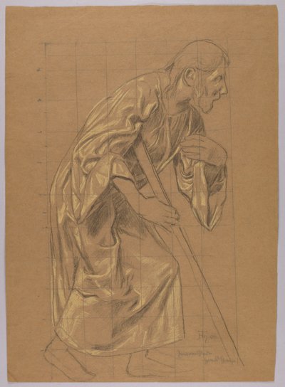 Man in a Long Robe, Leaning on a Stick, verso: Outline of the Same Figure by Hans Thoma