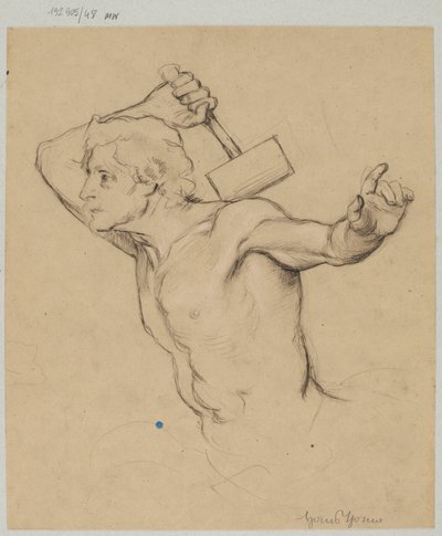 Study of a Naked Man, Shown to the Waist, Raising a Hammer by Hans Thoma