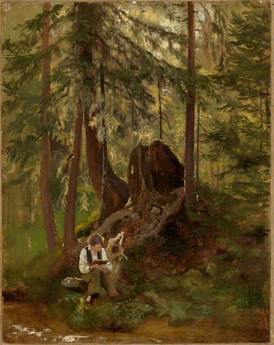 Forest Interior with Reading Boy by Hans Thoma