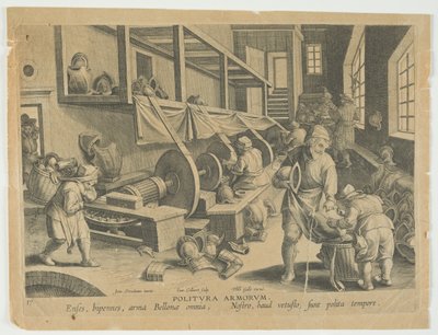 Politura Armorum, Polishing Arms, Plate 17 from the Series Nova Reperta, Modern Discoveries, c.1588 by Hans the younger Collaert