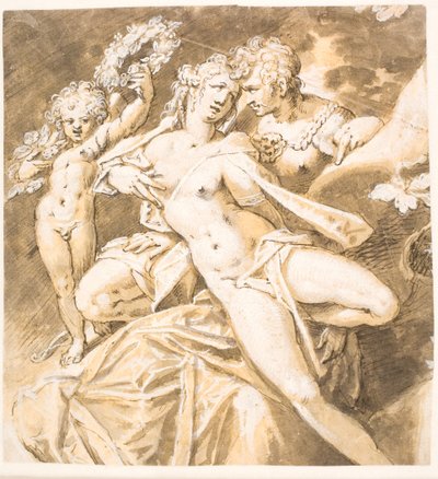 Mars Caressing Venus; an Amorin Offering a Wreath to Her by Hans von Aachen