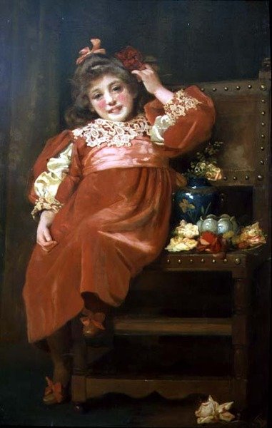 A Full Length Portrait of a Pretty Young Girl in a Red Dress, Reclining in a Chair by Hariette Sutcliffe