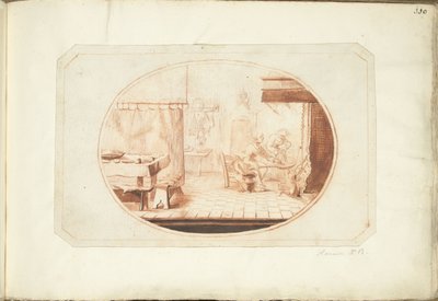 Kitchen Interior with Two Women and a Cat, in Oval by Harmen ter Borch