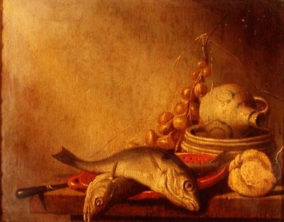 A pan of fish, a stoneware jug, onions and fruit by Harmen van Steenwyck