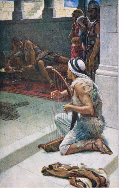 David Playing Before Saul (Illustration from Pictures That Teach The Crown Series, 1920) by Harold Copping