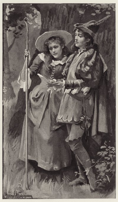 Ganymede and Aliena were strangely surprised to find the name of Rosalind carved on the trees? by Harold Copping